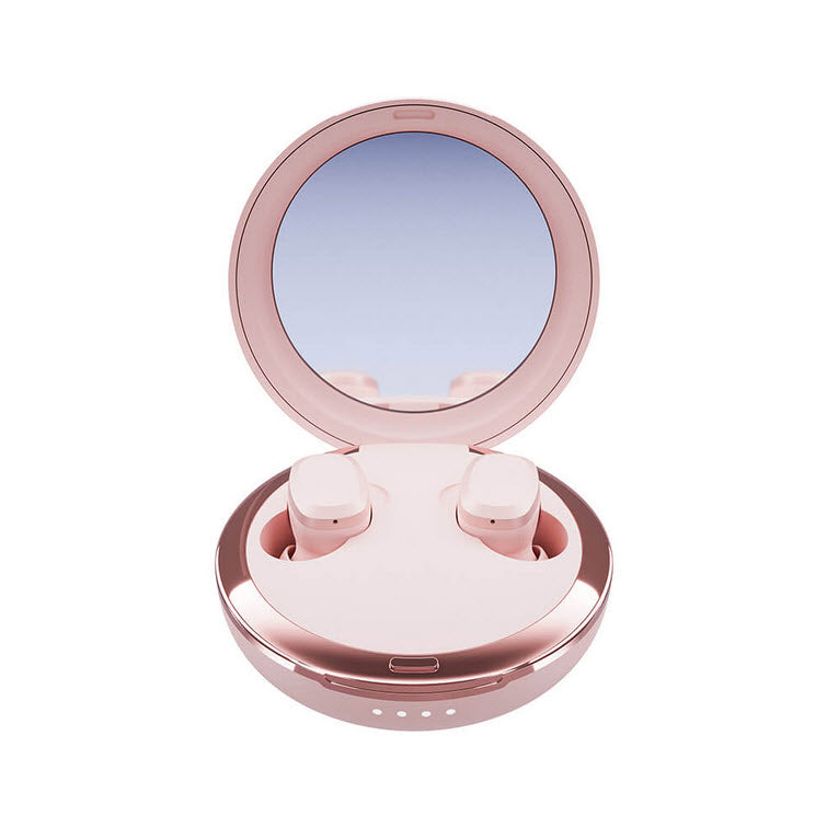 Rosa in ear hörlurar som ligger i sitt fodral